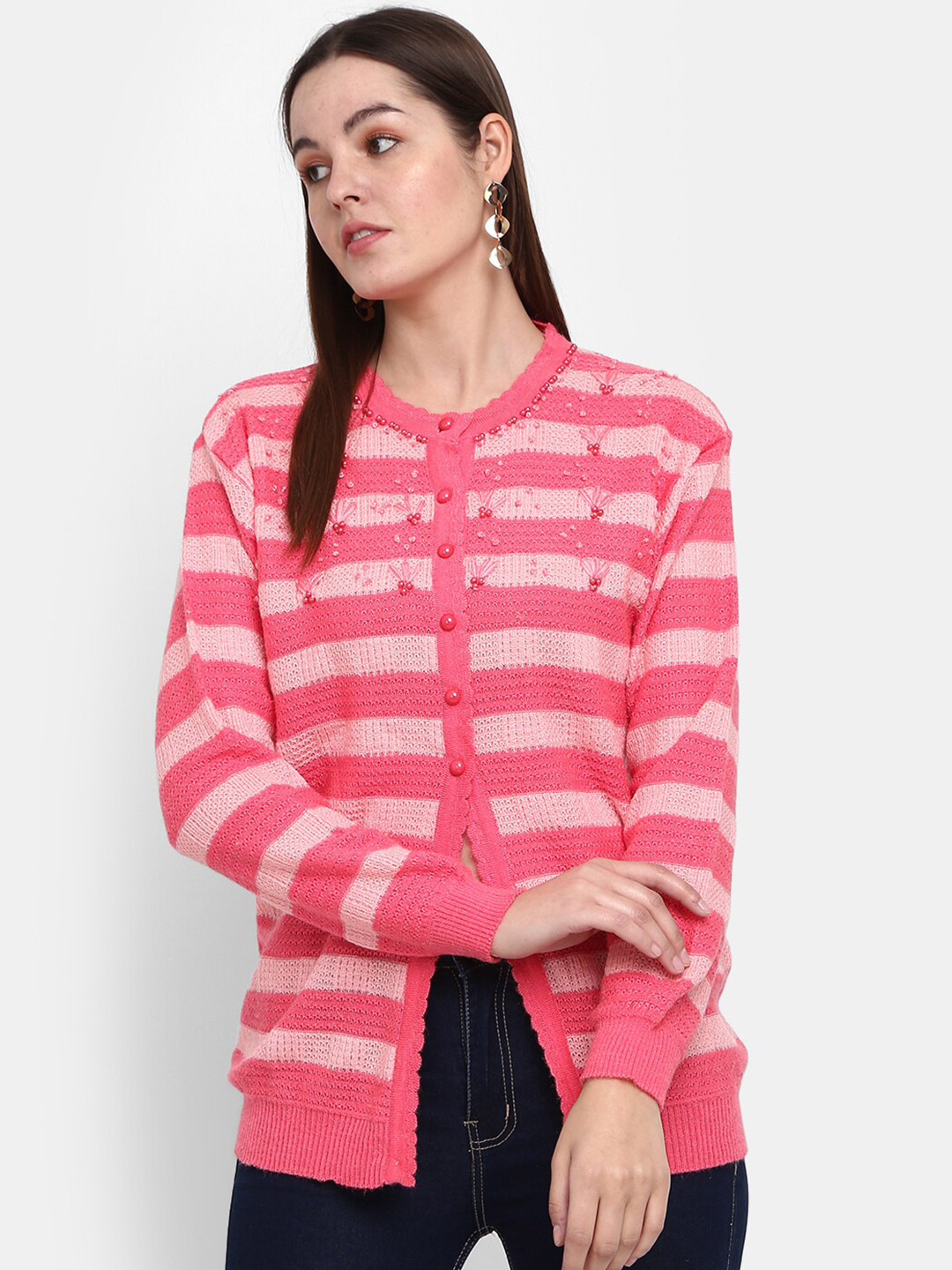 

V-Mart Striped Embellished Detail Cotton Cardigan Sweater, Pink