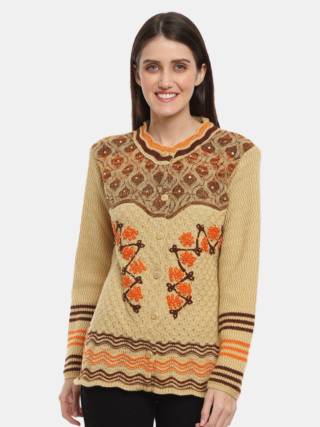 

V-Mart Floral Embroidered Detail Round Neck Acrylic Cardigan, Brown
