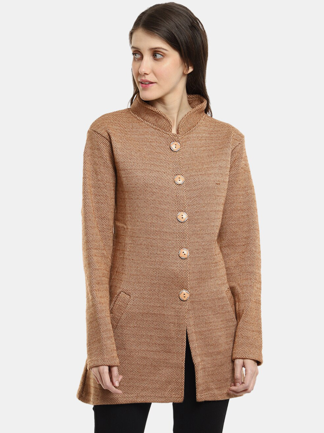 

V-Mart Self Design Mandarin Collar Longline Acrylic Cardigan Sweater, Brown