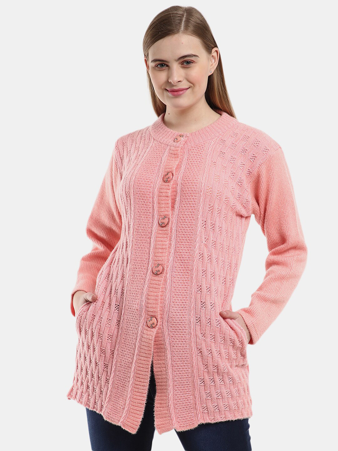 

V-Mart Cable Knit Longline Acrylic Cardigan, Pink
