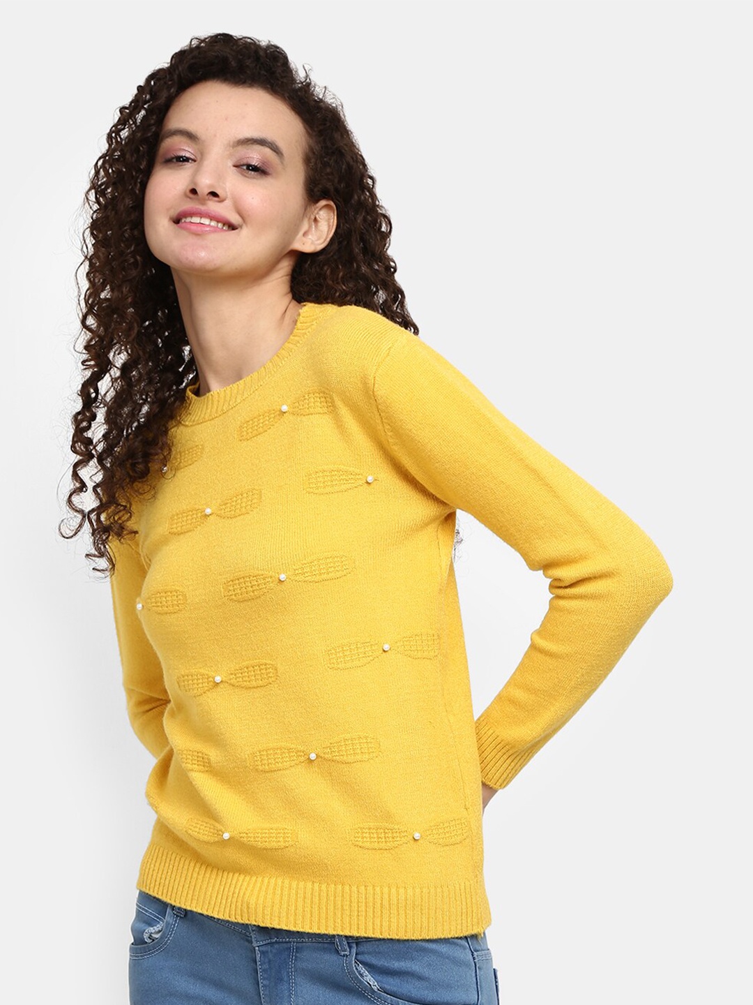 

V-Mart Self Design Embellished Detail Cotton Pullover sweater, Yellow