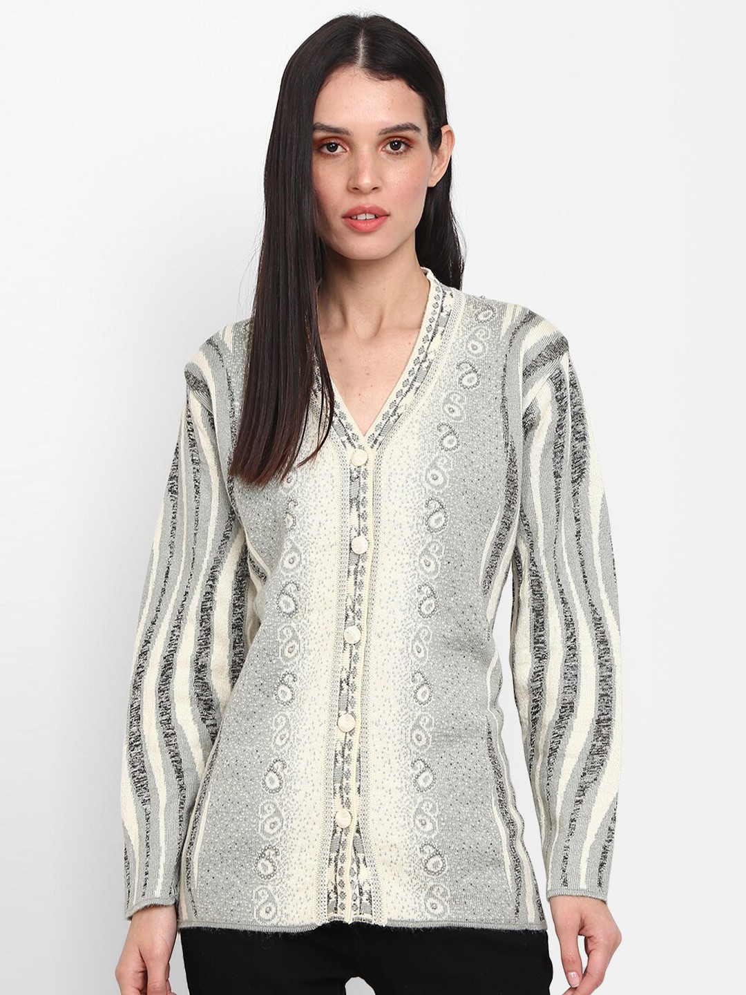 

V-Mart Ethnic Motifs V-Neck Cotton Longline Cardigan Sweaters, Grey