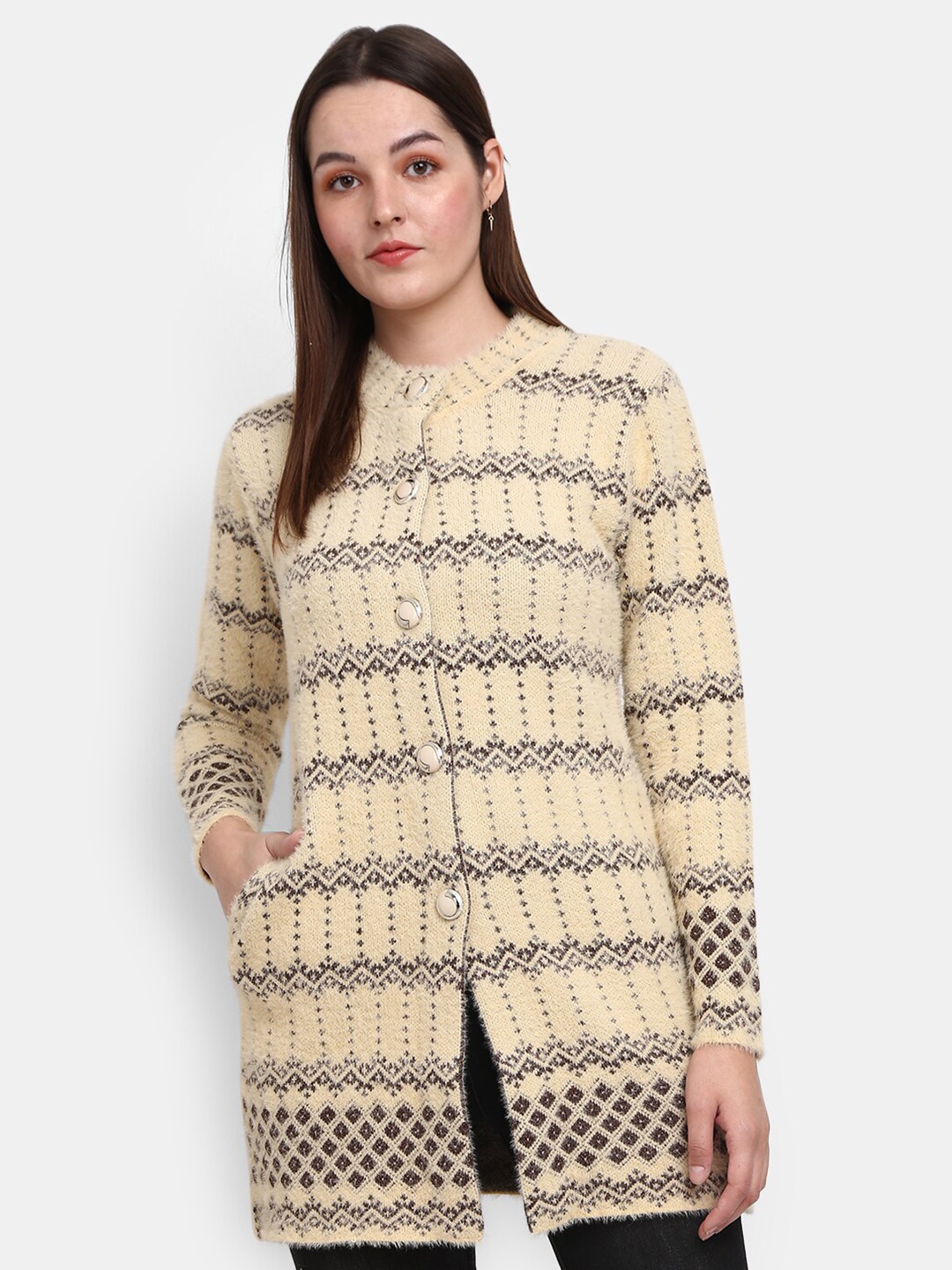

V-Mart Ethnic Motifs Printed Longline Cotton Cardigan Sweater, Beige