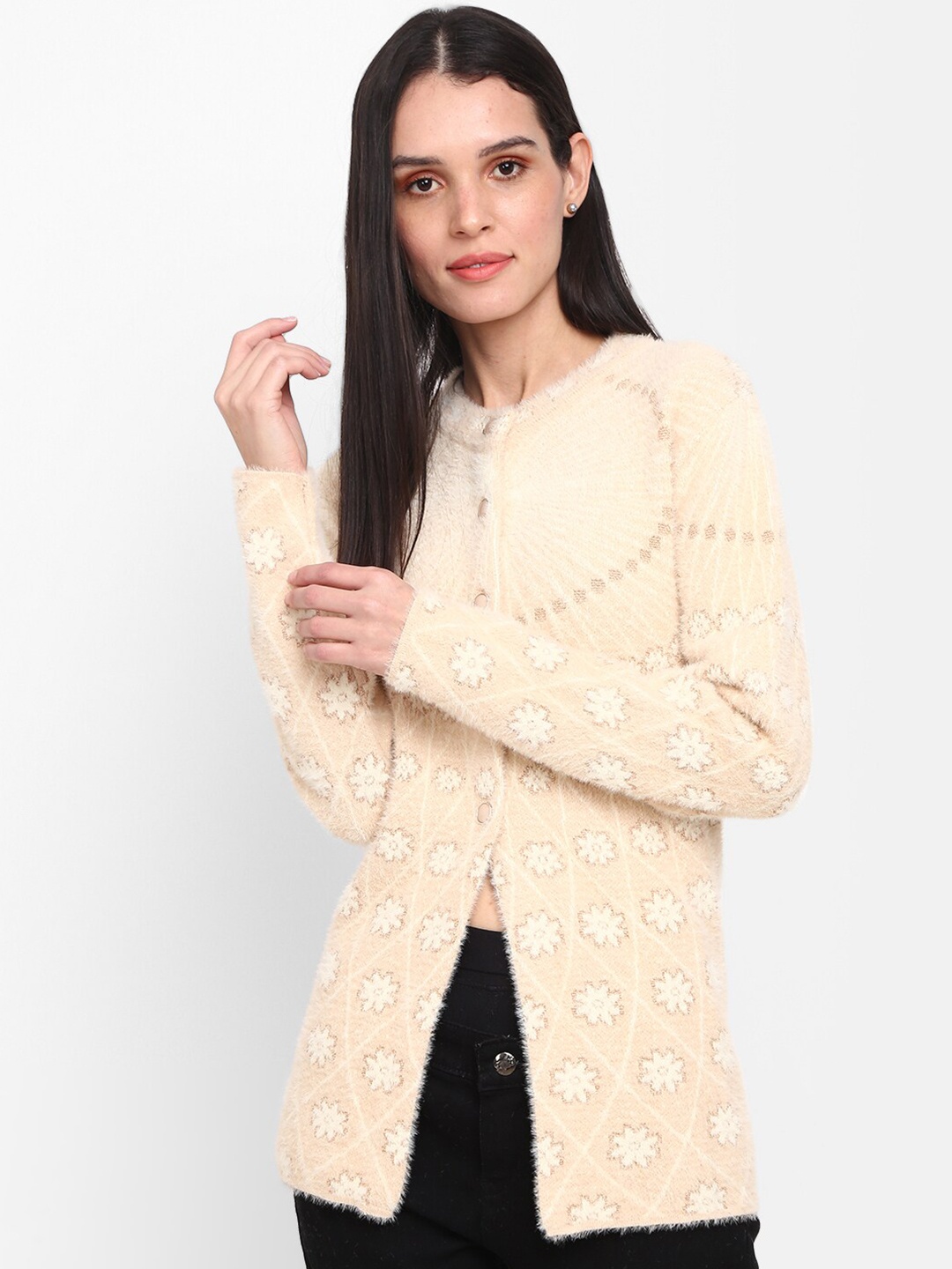 

V-Mart Floral Printed Longline Cotton Cardigan Sweater, Beige