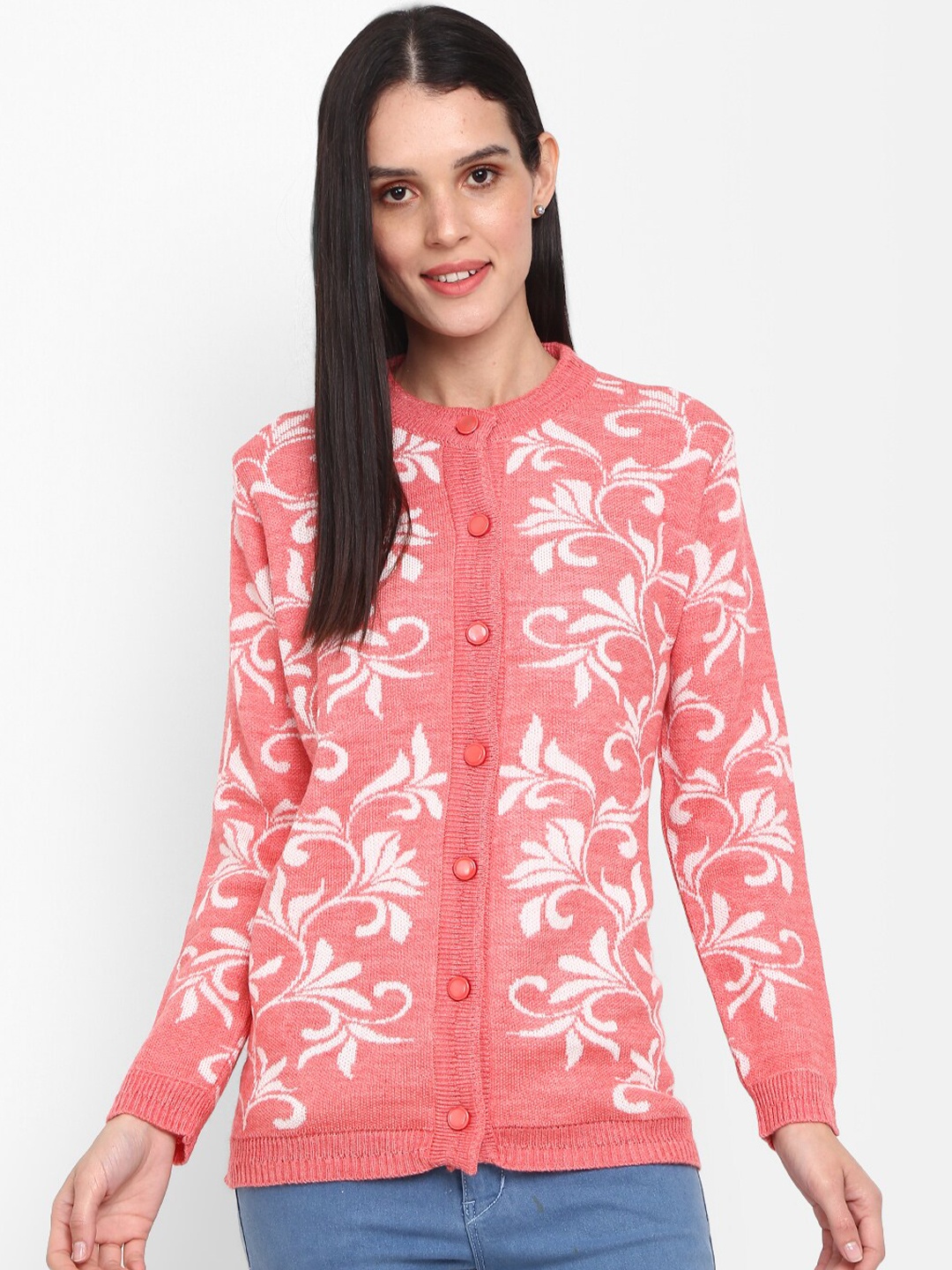 

V-Mart Floral Printed Cotton Cardigan Sweater, Peach