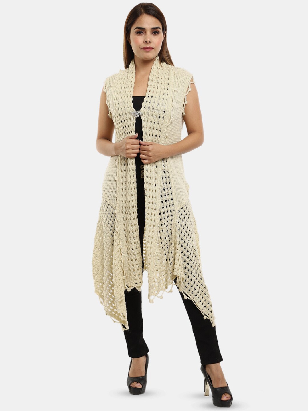 

V-Mart Open Knit Longline Front-Open Cotton Sweaters, Beige