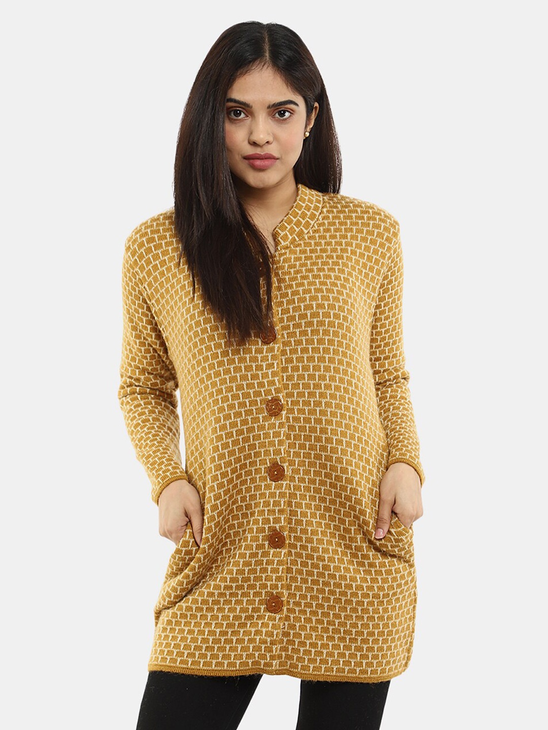 

V-Mart Checked Mock Collar Cotton Cardigan Longline, Khaki