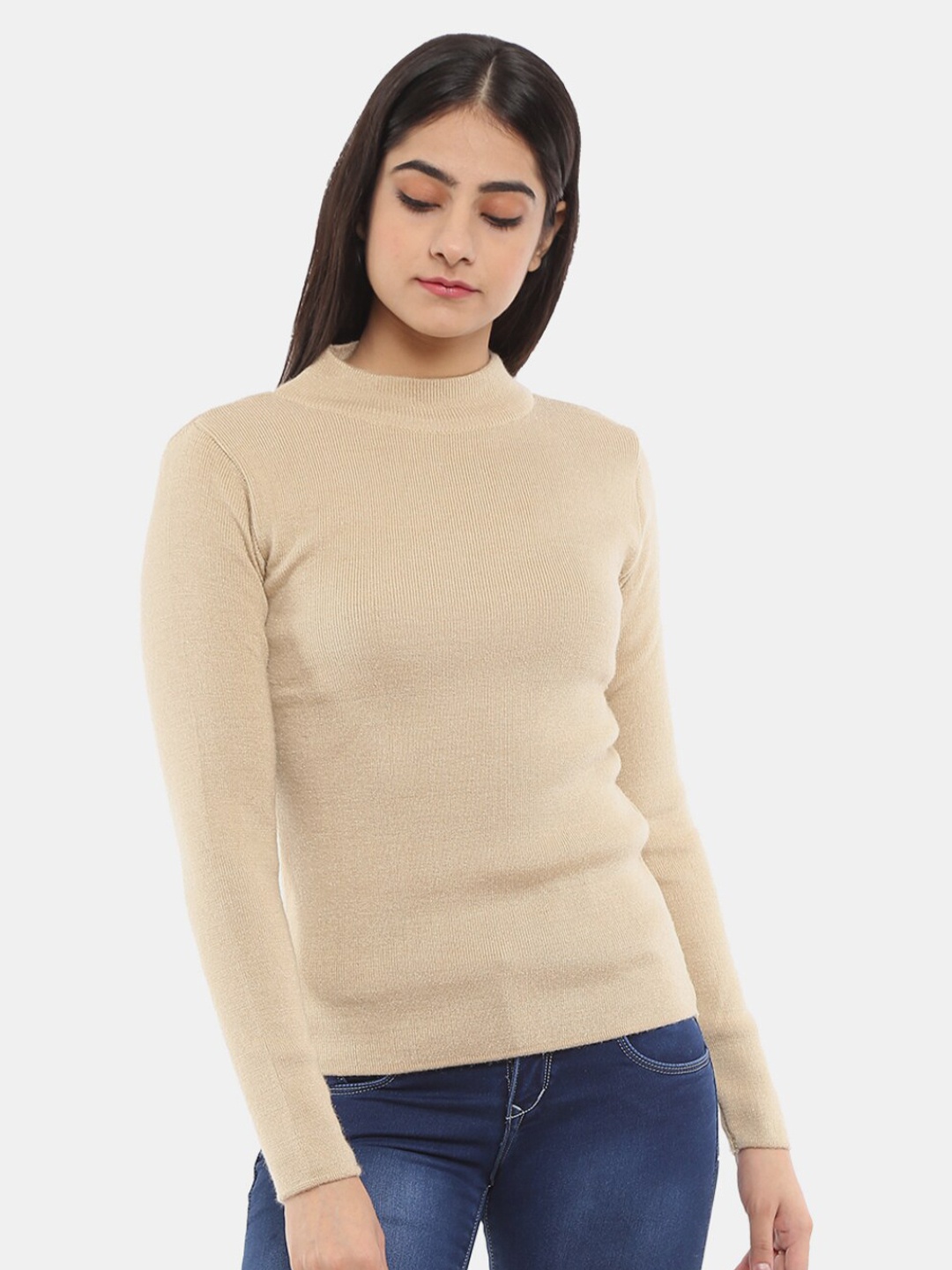 

V-Mart Round Neck Ribbed Cotton Pullover, Beige