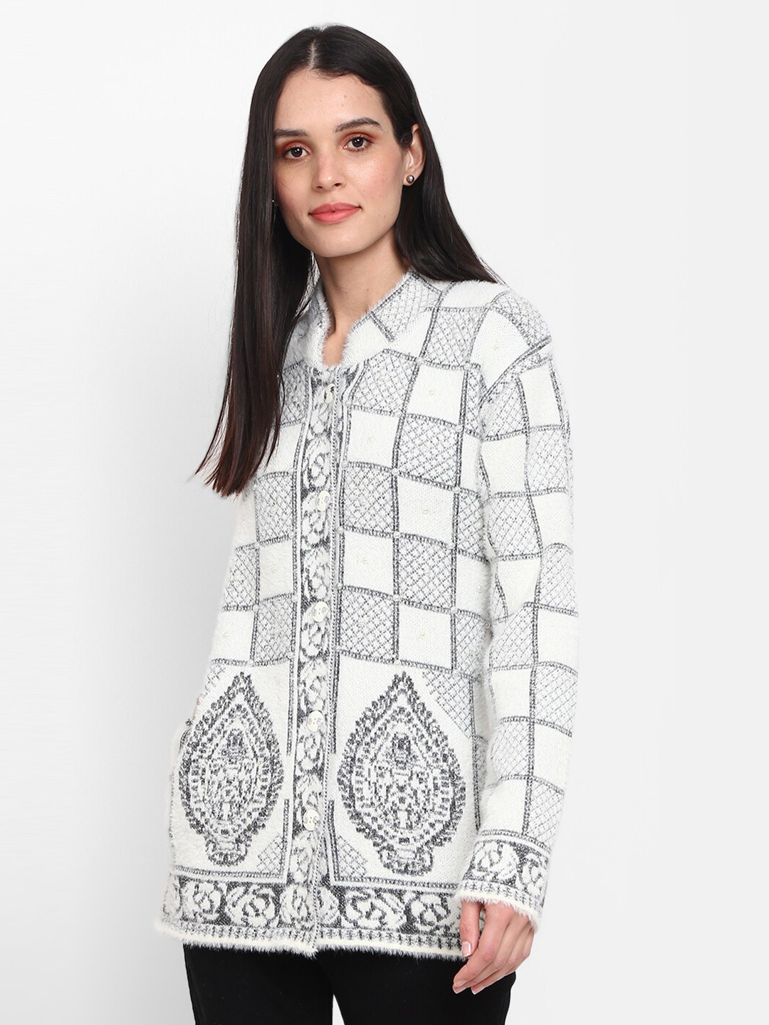 

V-Mart Checked Longline Cotton Cardigan Sweater, Off white