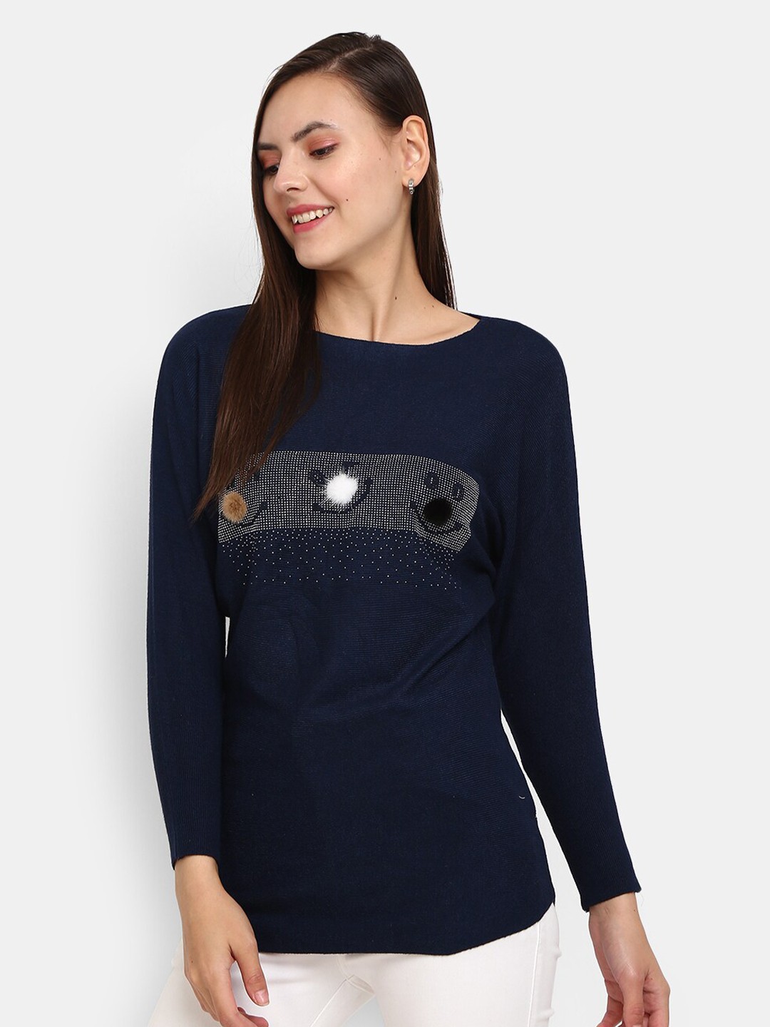 

V-Mart Embellished Detail Cotton Pullover Sweater, Navy blue