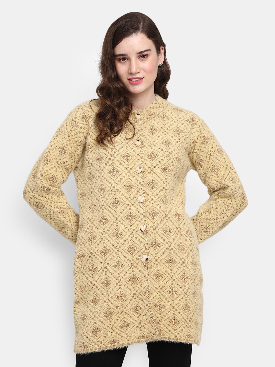 

V-Mart Self Design Mock Collar Cotton Cardigan Sweaters, Brown