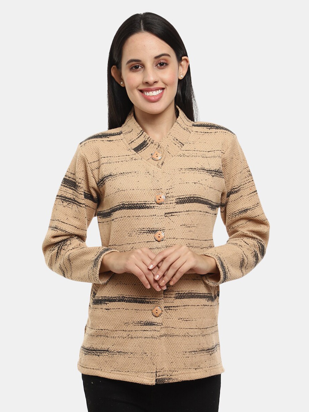 

V-Mart Abstract Printed Mock Collar Acrylic Cardigan, Brown