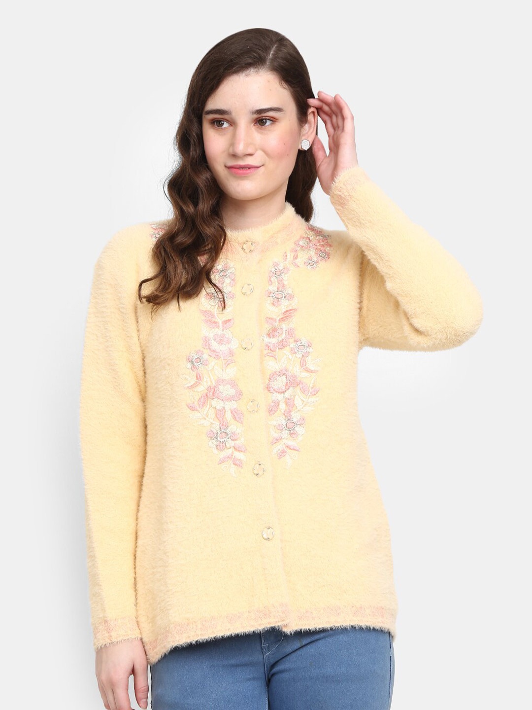 

V-Mart Floral Embroidered Fuzzy Cotton Cardigan Sweater, Beige