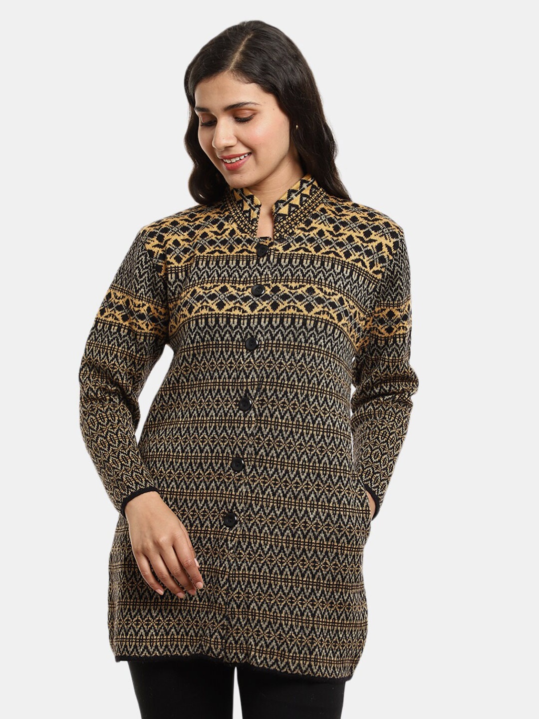 

V-Mart Ethnic Motifs Self Design Cotton Cardigan Sweater, Black