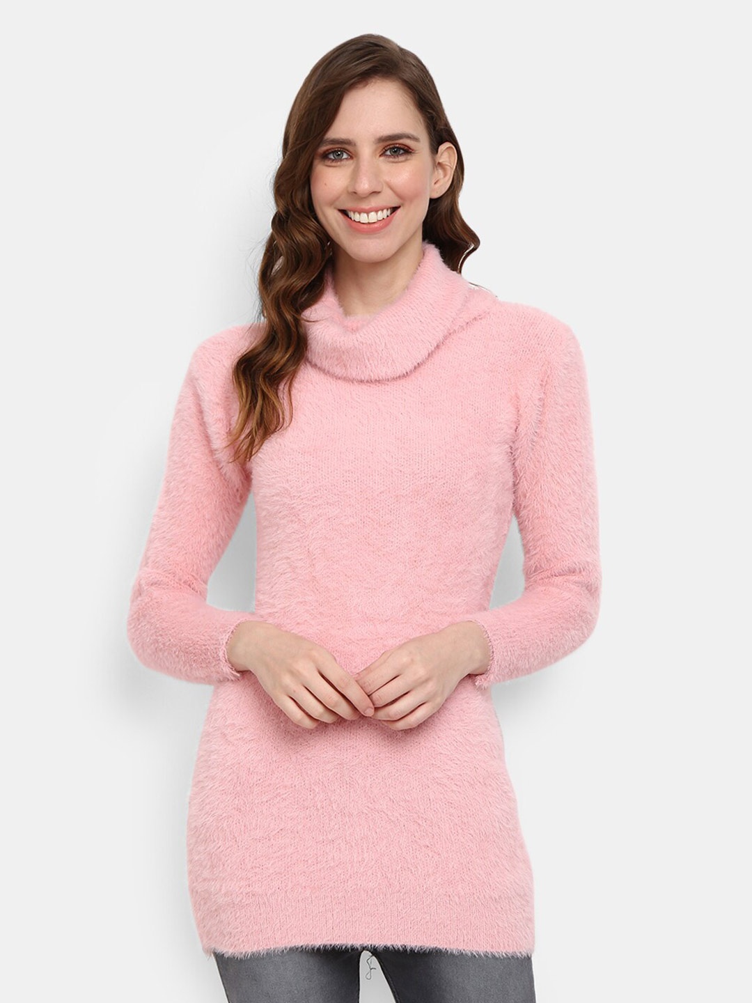 

V-Mart Fuzzy Turtle Neck Longline Cotton Pullover Sweater, Pink