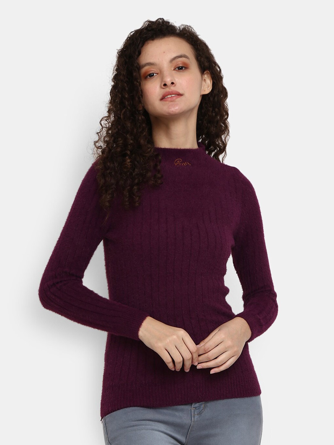 

V-Mart Ribbed High Neck Cotton Pullover Sweater, Maroon
