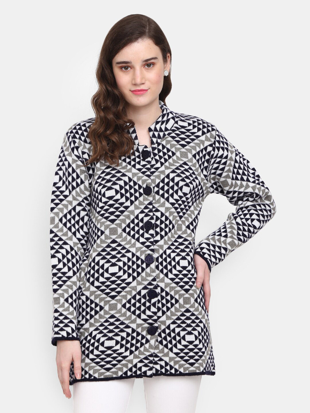 

V-Mart Checked Mock Collar Cotton Pullover Cardigan, Blue