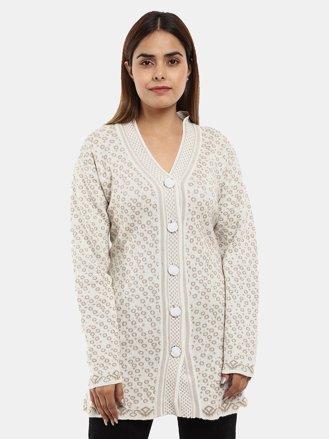 

V-Mart Floral Printed Longline Cotton Cardigan Sweater, Off white
