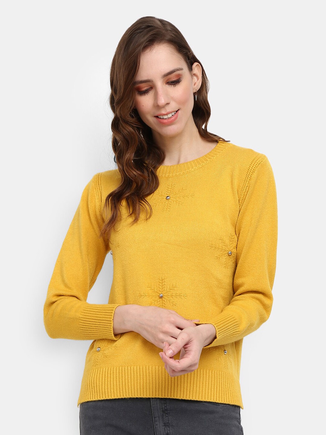 

V-Mart Self Design Embellished Detail Cotton Pullover Sweater, Yellow