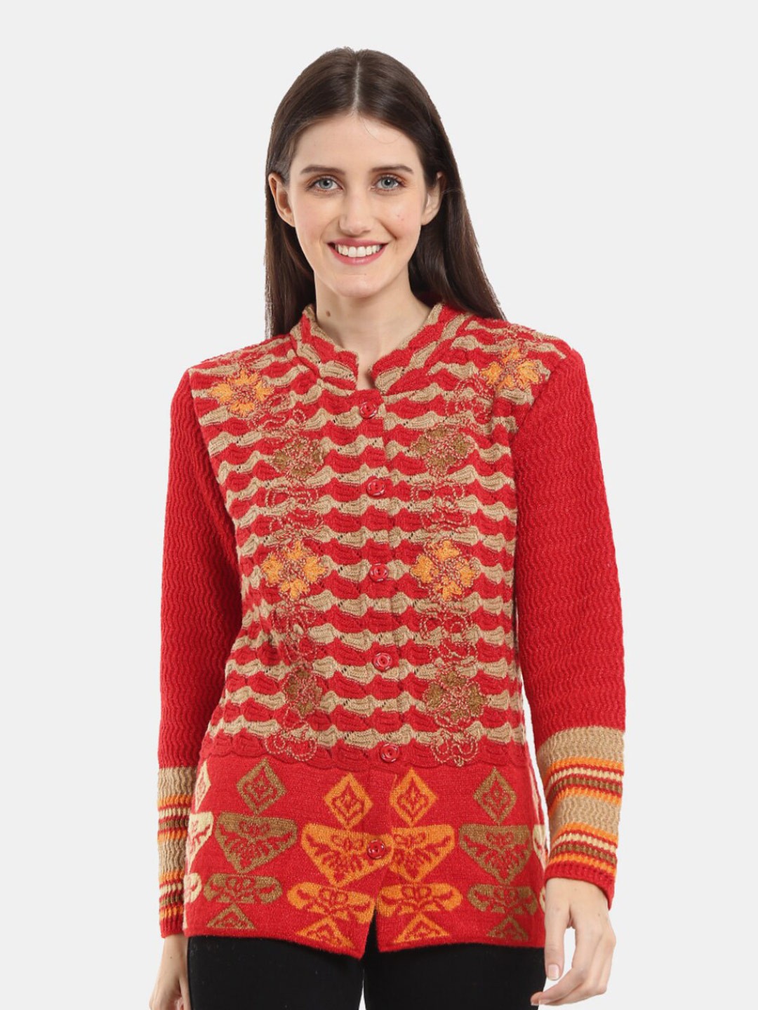 

V-Mart Self Design Mandarin Collar Acrylic Cable Knit Cardigan Sweaters, Red