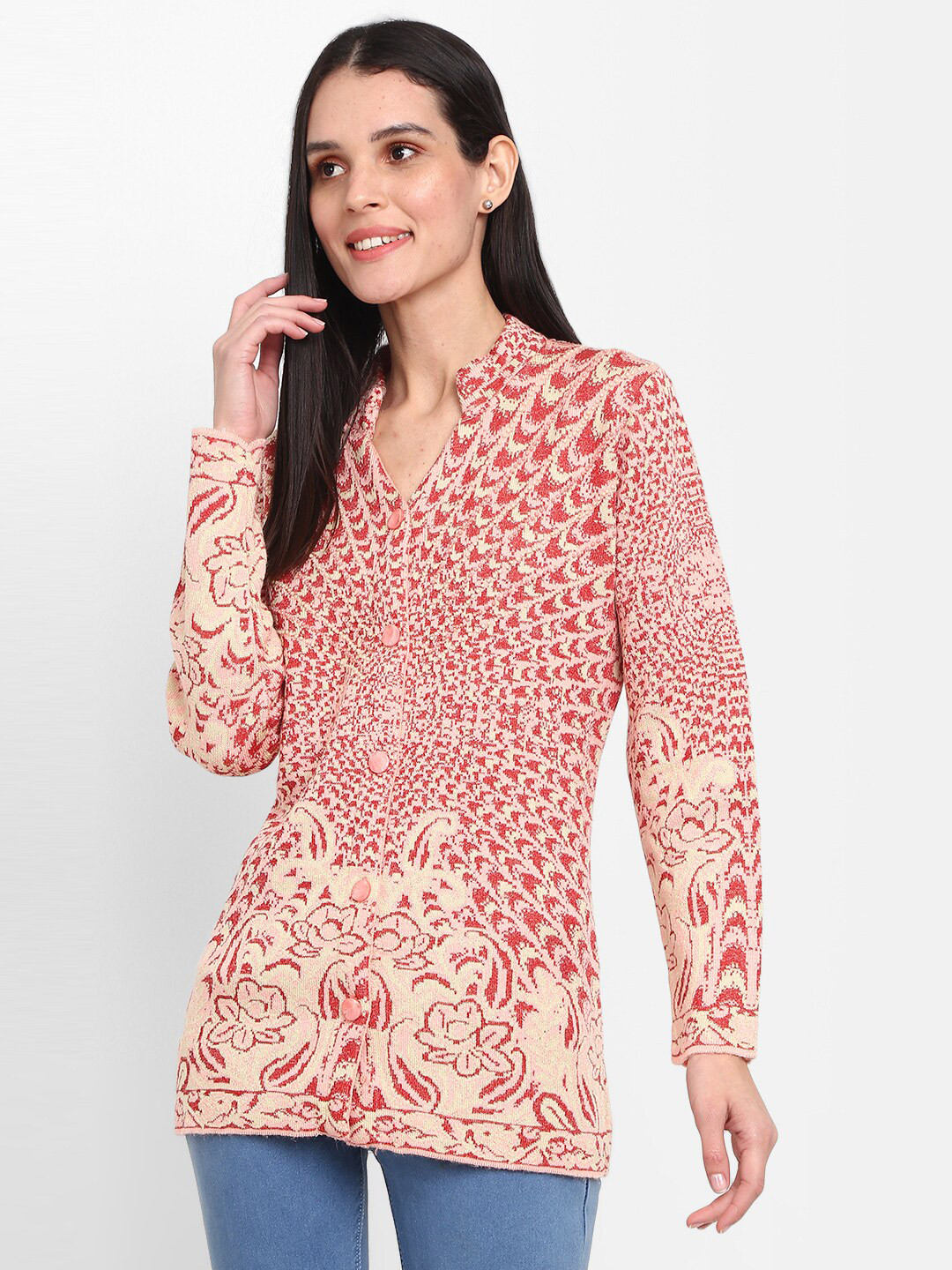 

V-Mart Printed Cotton Cardigan, Red