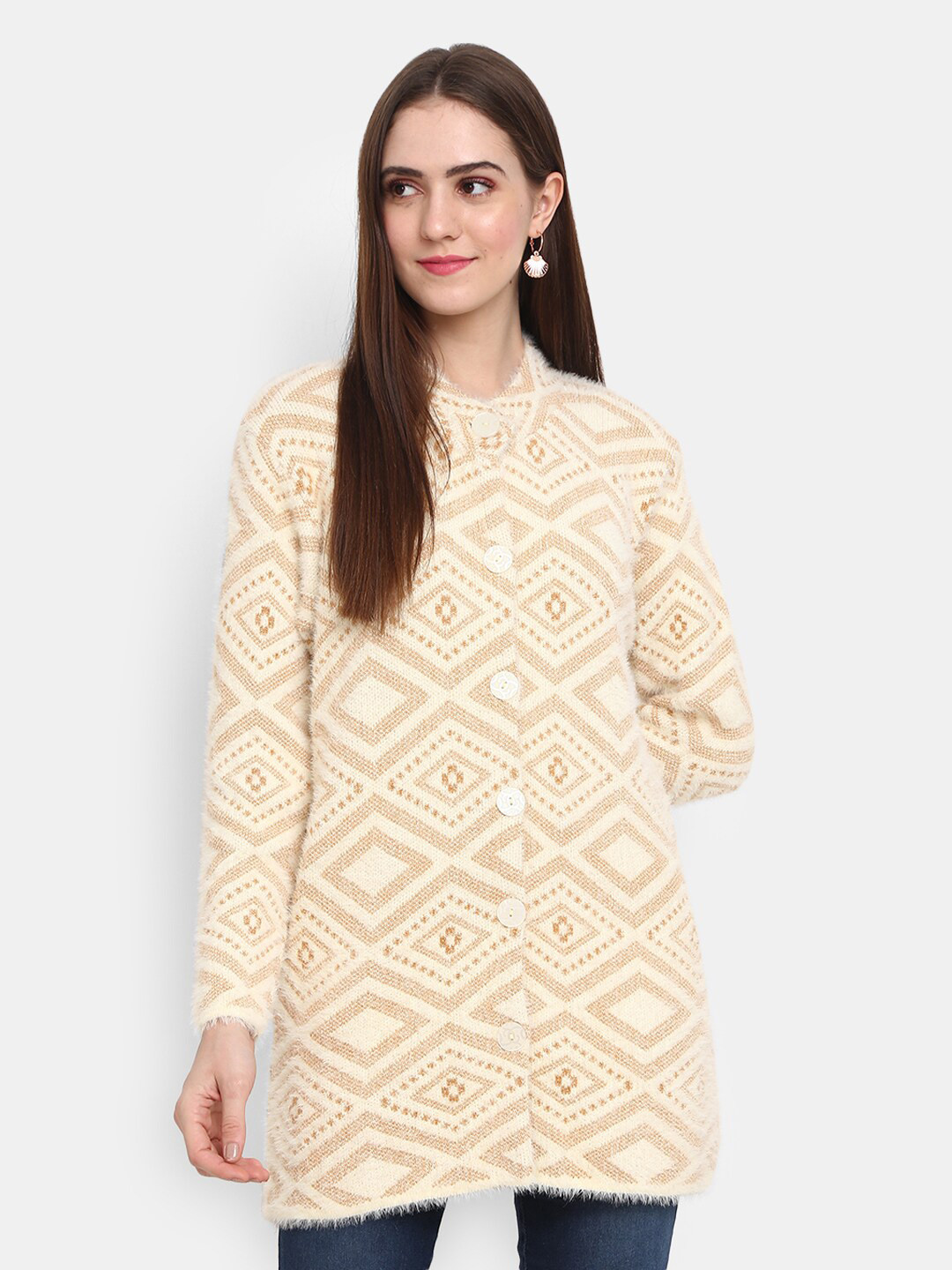 

V-Mart Self Design Longline Cotton Cardigan Sweater, Off white