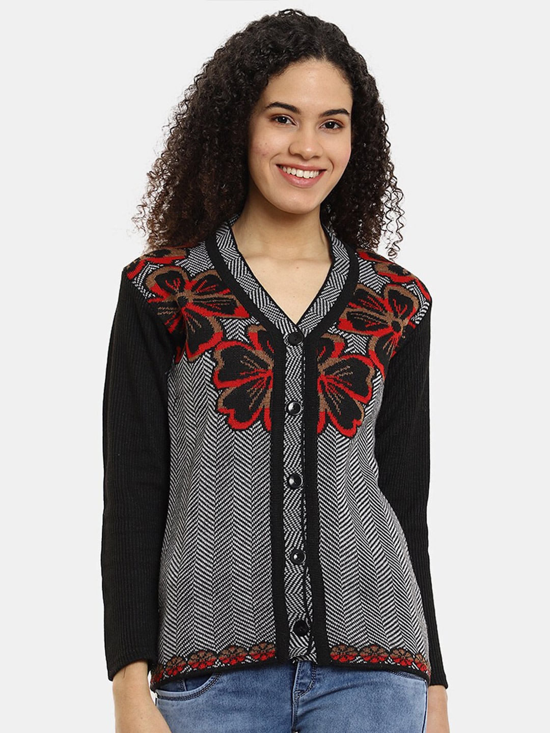 

V-Mart Floral Printed V-Neck Acrylic Cardigan, Black