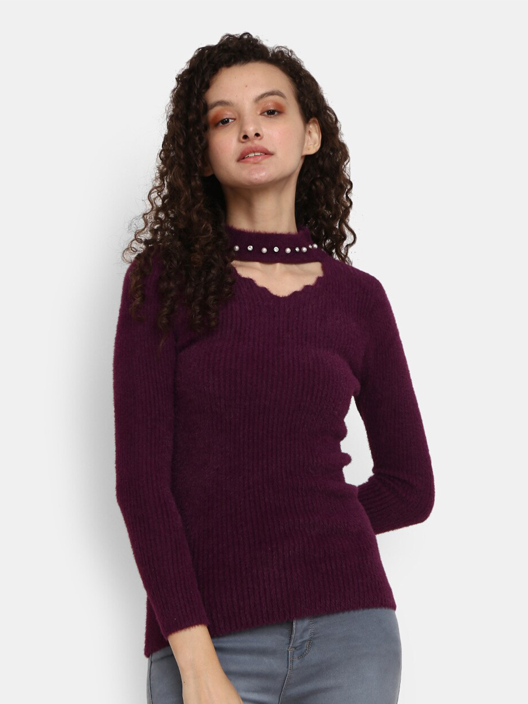 

V-Mart Ribbed Embellished Detail Cotton Pullover Sweater, Maroon