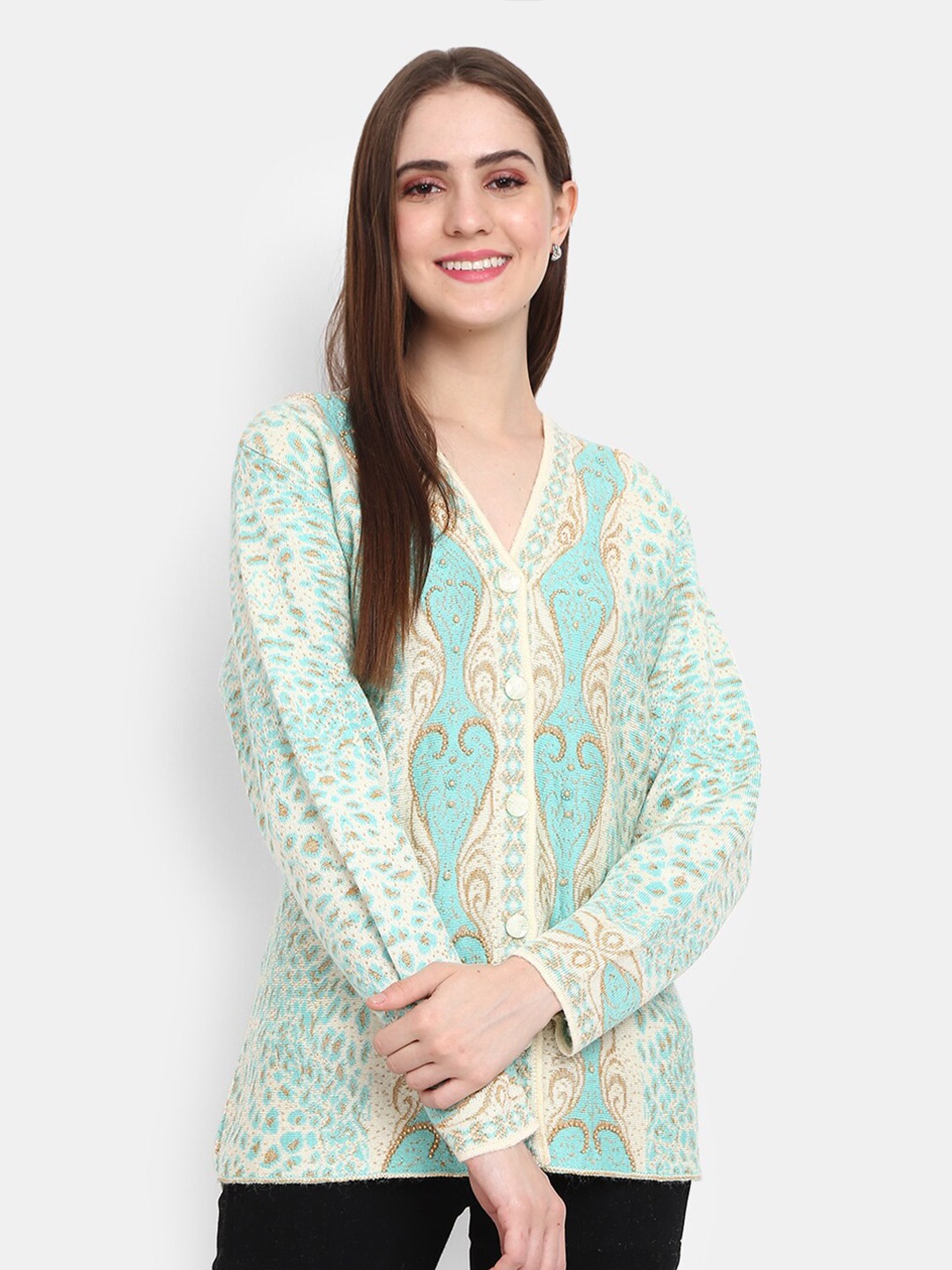 

V-Mart Self Design V-Neck Cotton Cardigan, Blue