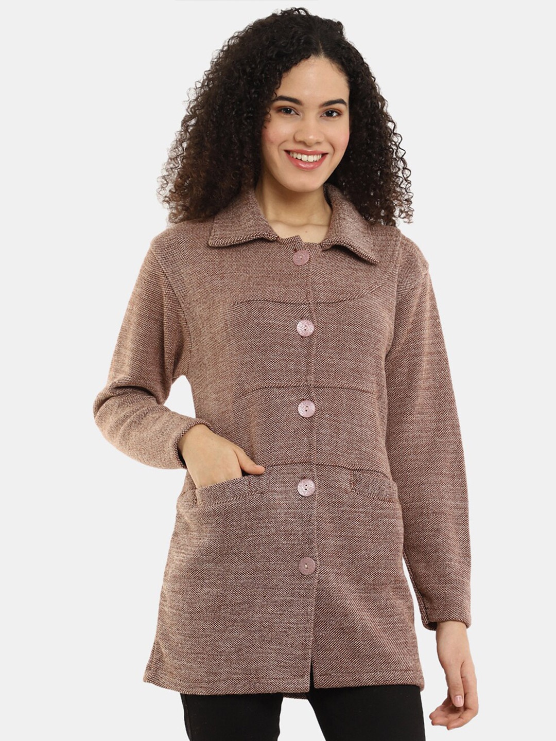 

V-Mart Women Self Design Longline Cotton Cardigan, Brown