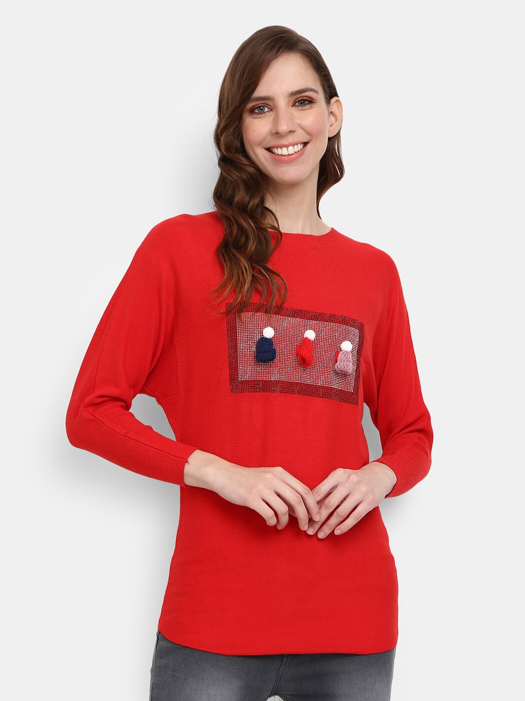 

V-Mart Embellished Cotton Pullover Sweater, Red