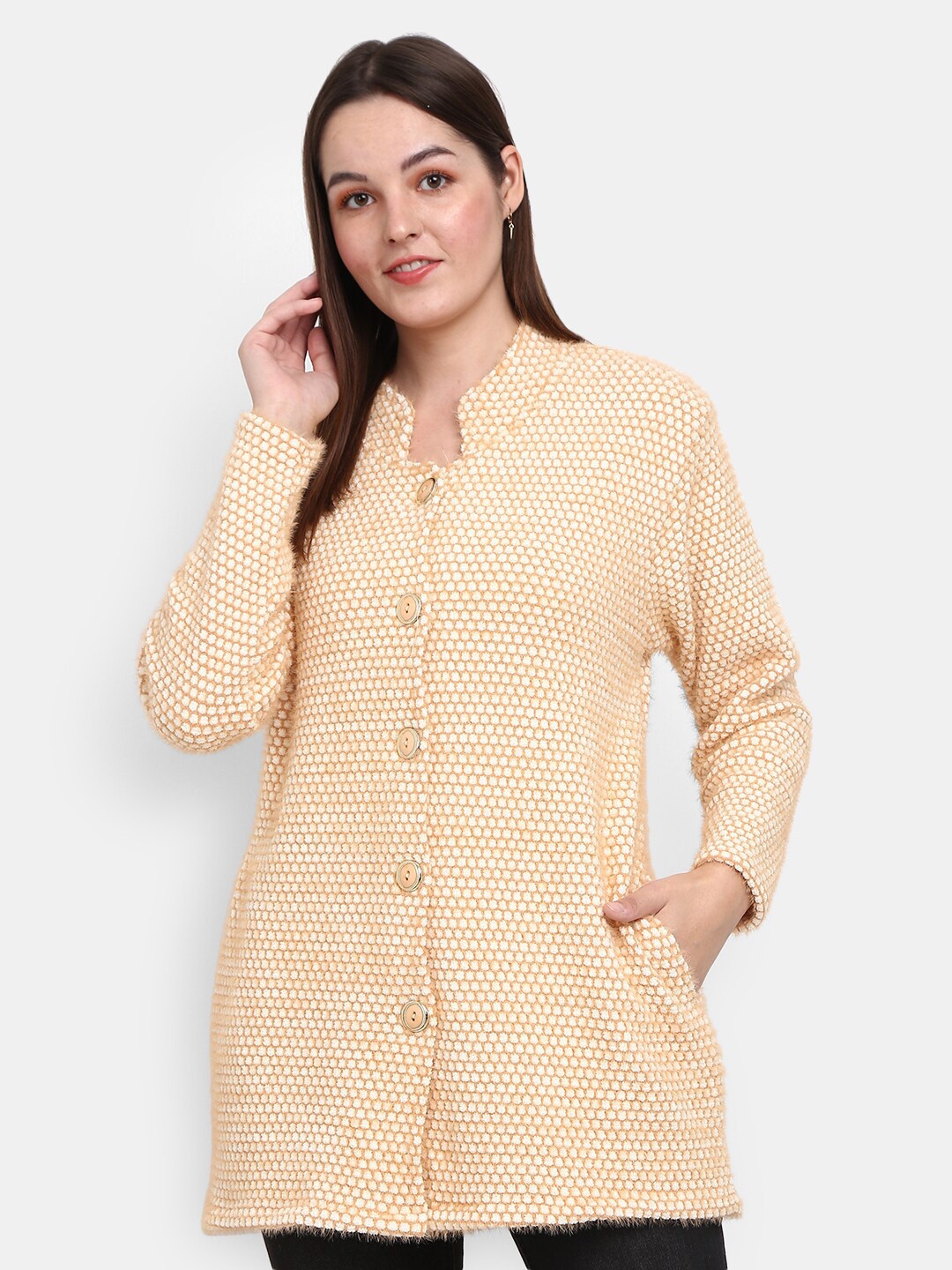 

V-Mart Women Self Design Boucle Mock Collar Longline Cotton Cardigan, Beige