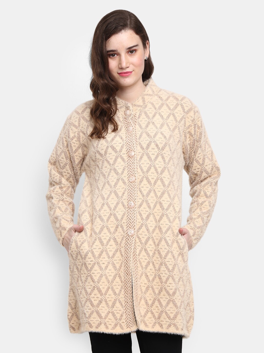 

V-Mart Ethnic Motifs Printed Longline Cotton Cardigan Sweater, Beige