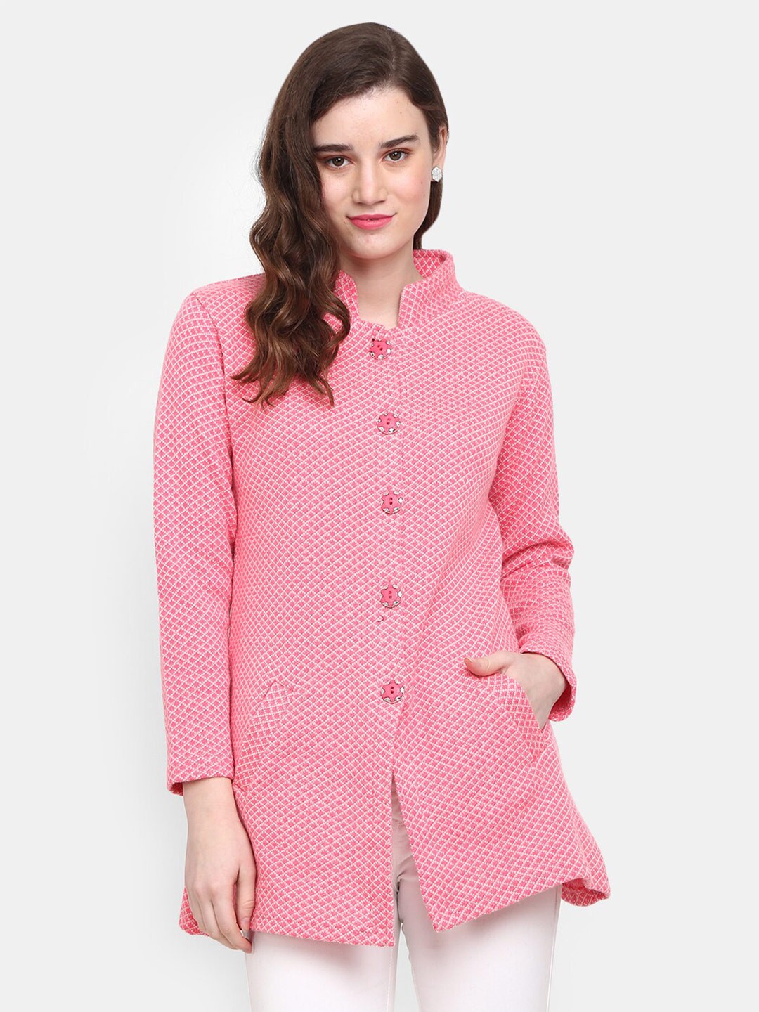 

V-Mart Boucle Self Design Mandarin Collar Longline Cardigan Sweater, Pink