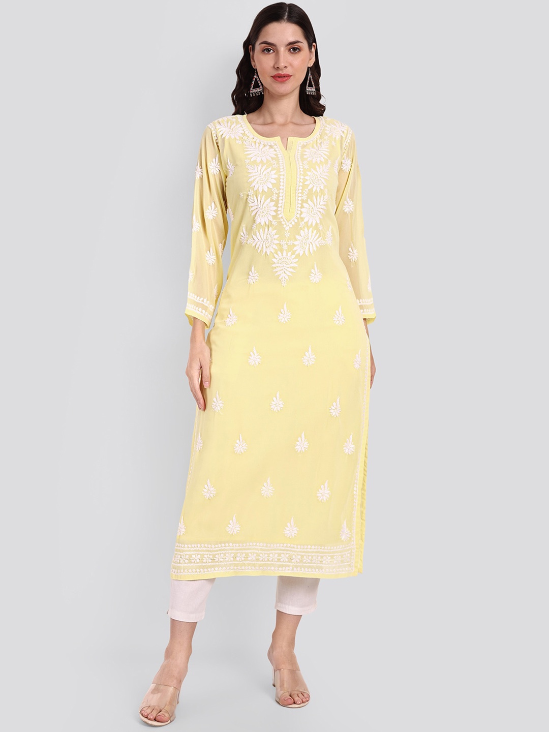 

Seva Chikan Ethnic Motifs Chikankari Embroidered Georgette Kurta With Slip, Yellow