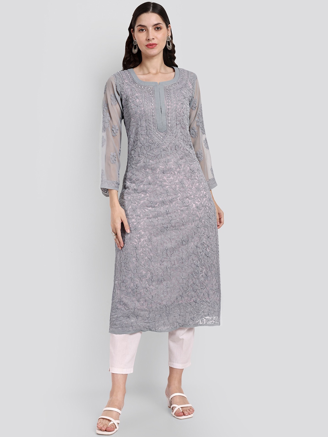 

Seva Chikan Ethnic Motifs Chikankari Embroidered Georgette Kurta, Grey