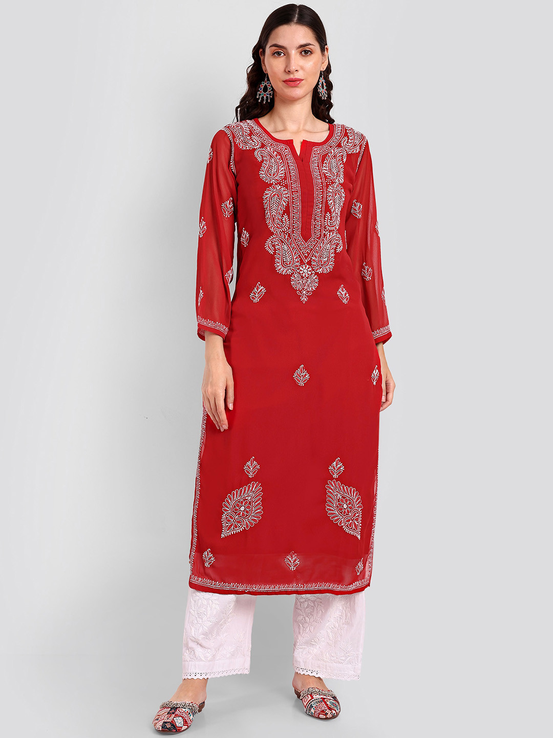 

Seva Chikan Ethnic Motifs Embroidered Lucknowi Chikankari Straight Kurta With Slip, Red