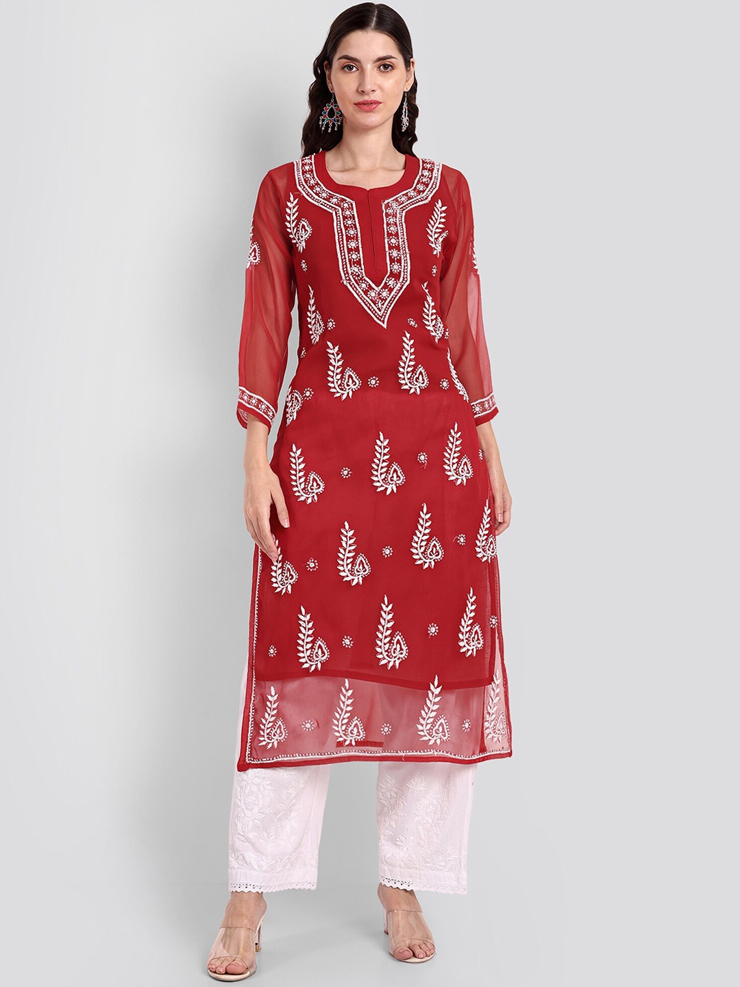 

Seva Chikan Ethnic Motifs Embroidered Chikankari Straight Kurta With Slip, Red