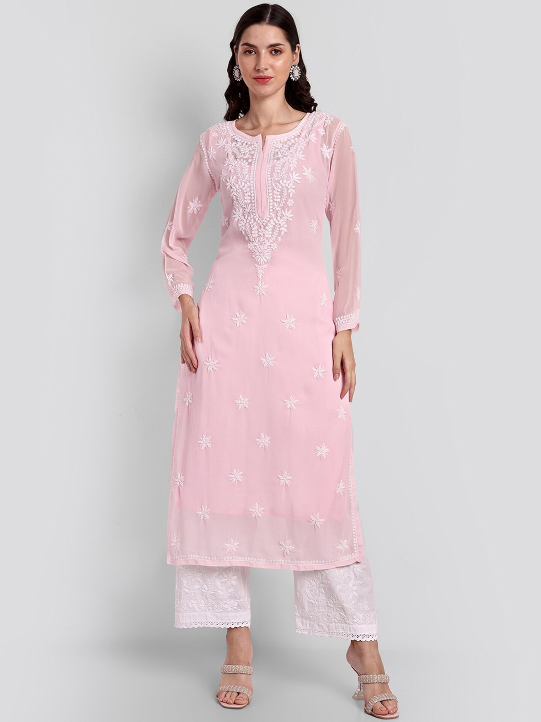 

Seva Chikan Ethnic Motifs Chikankari Embroidered Georgette Kurta With Slip, Pink