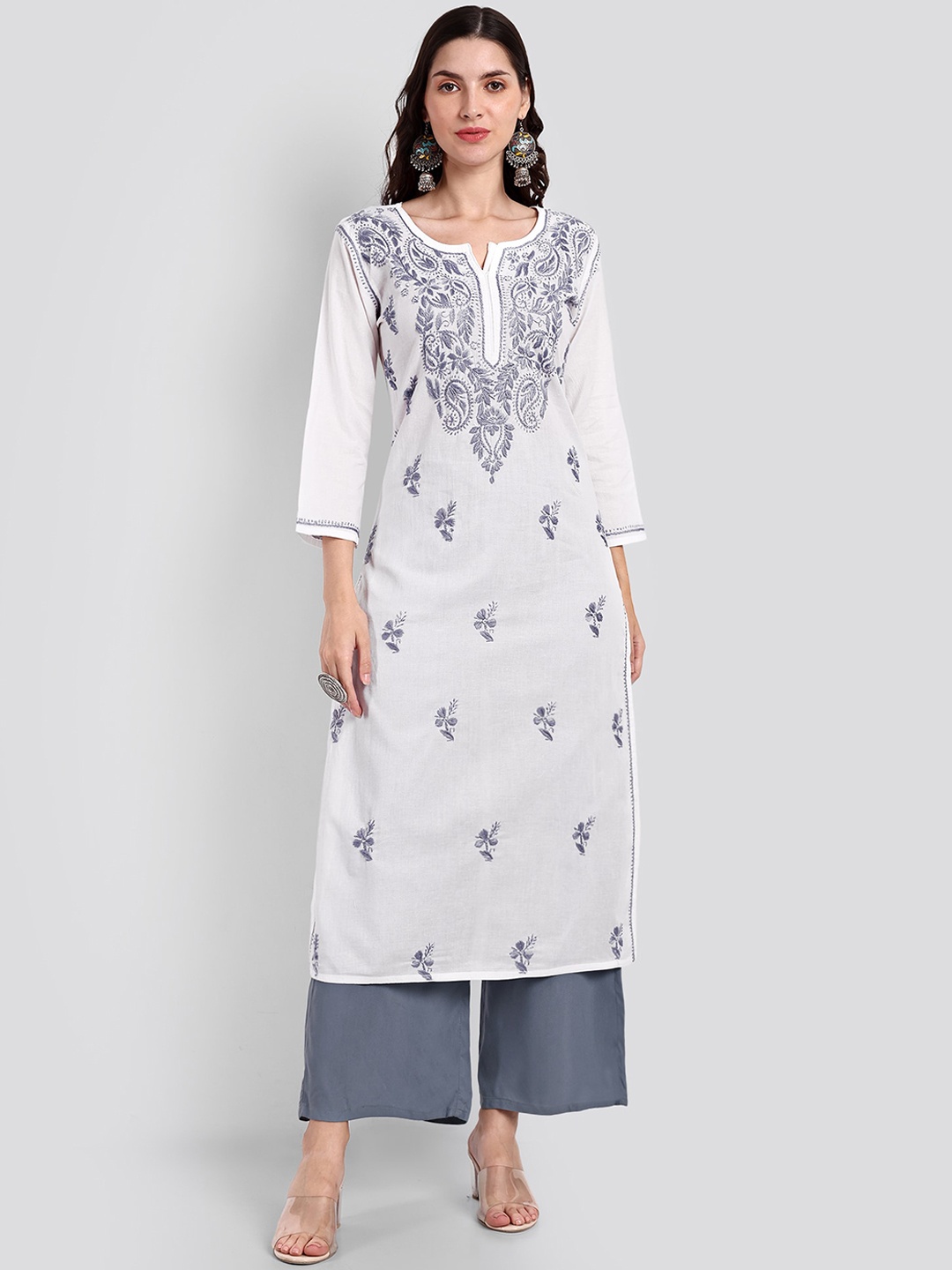 

Seva Chikan Ethnic Motifs Chikankari Embroidered Cotton Kurta, White