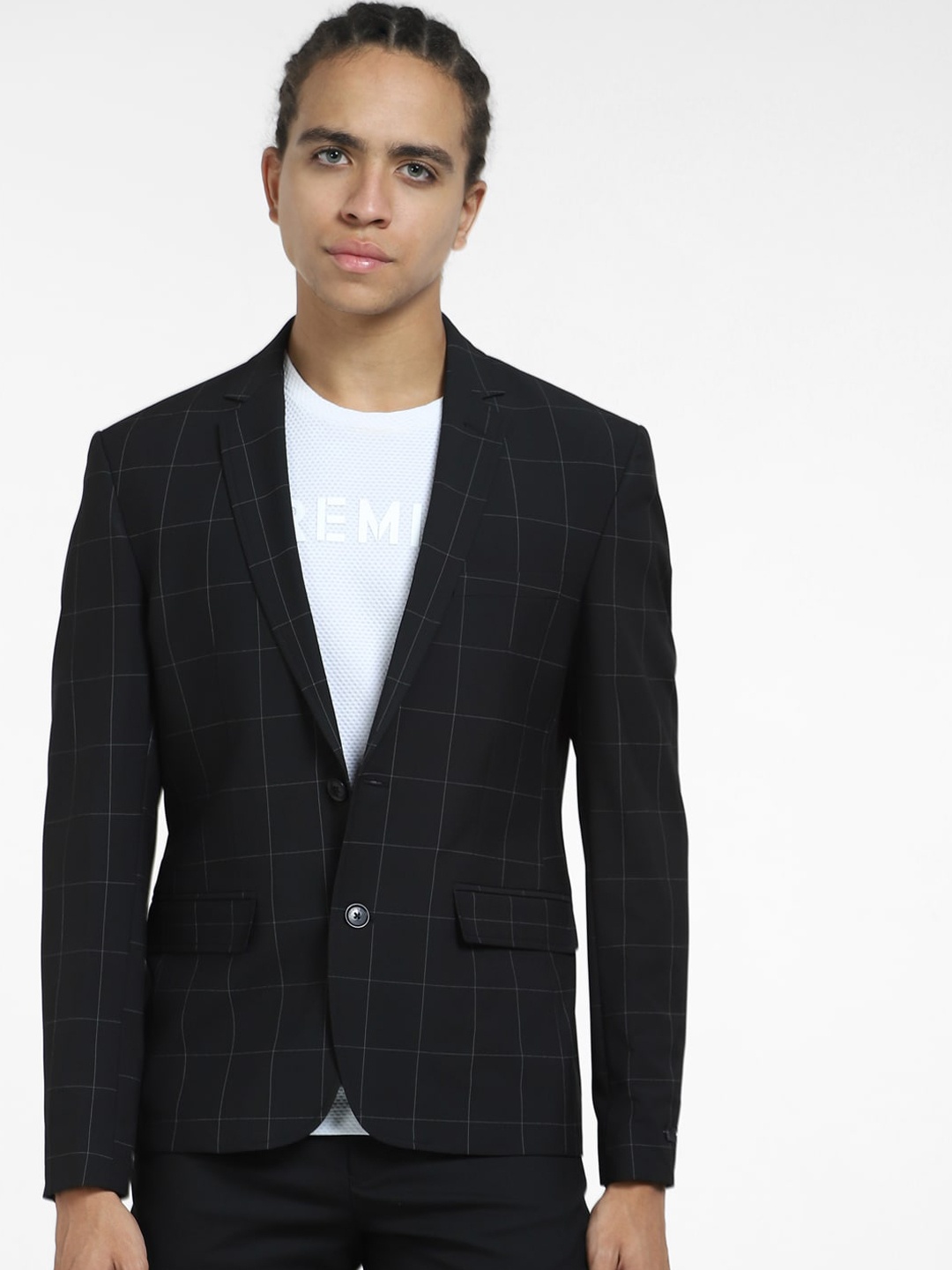 

Jack & Jones Checked Single-Breasted Slim Fit Blazer, Black