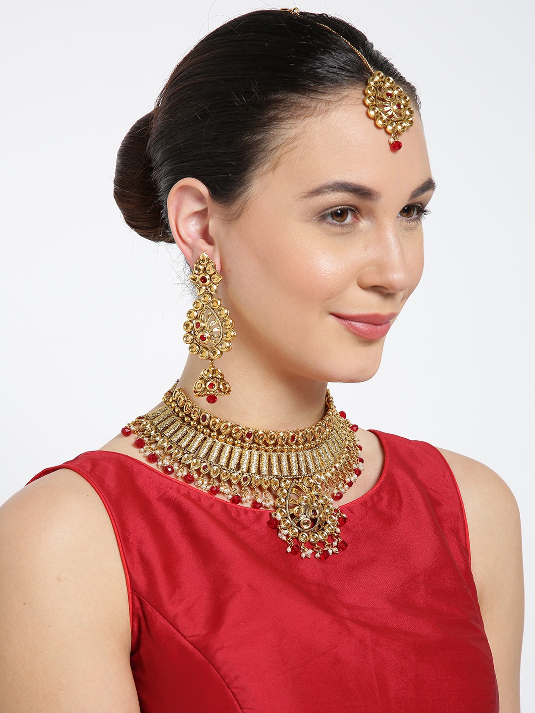 

Jewels Galaxy Antique Gold-Toned & Red Stone-Studded Jewellery Set