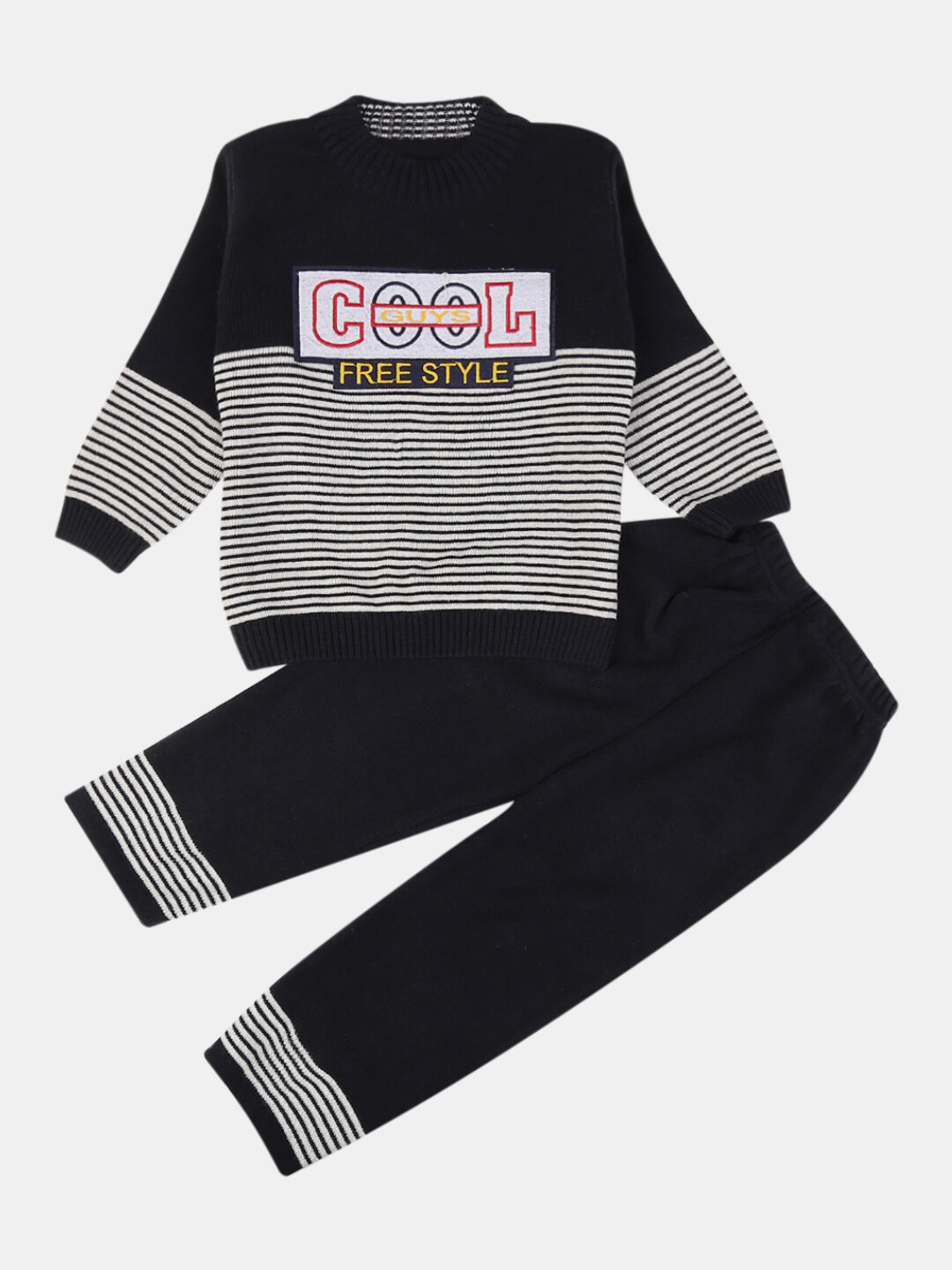 

V-Mart Boys Striped T-Shirt With Trousers, Black