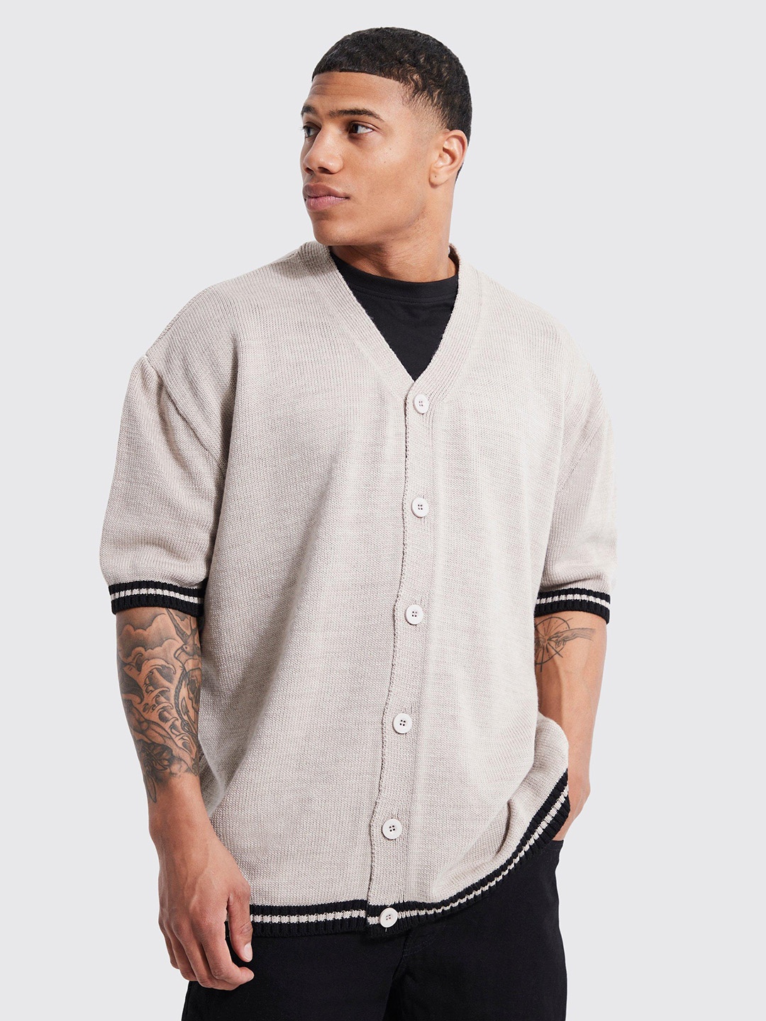 

boohooMAN Oversized Cable Knit Acrylic Cardigan, Beige