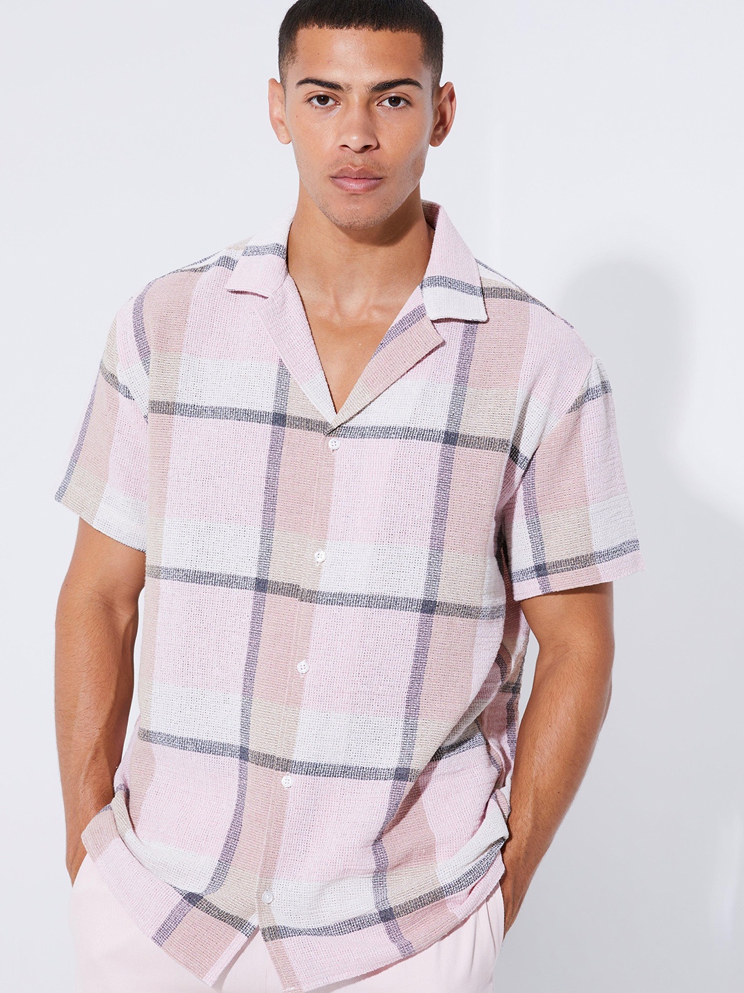 

boohooMAN Oversized Tartan Checked Opaque Casual Shirt, Pink