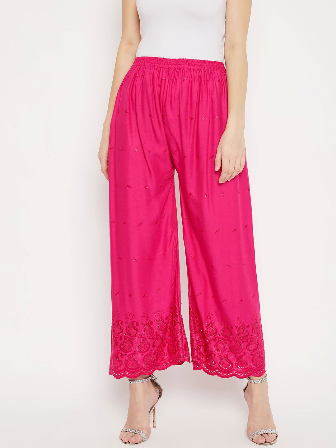 

Clora Creation Women Floral Embroidered Straight Fit Palazzos, Magenta