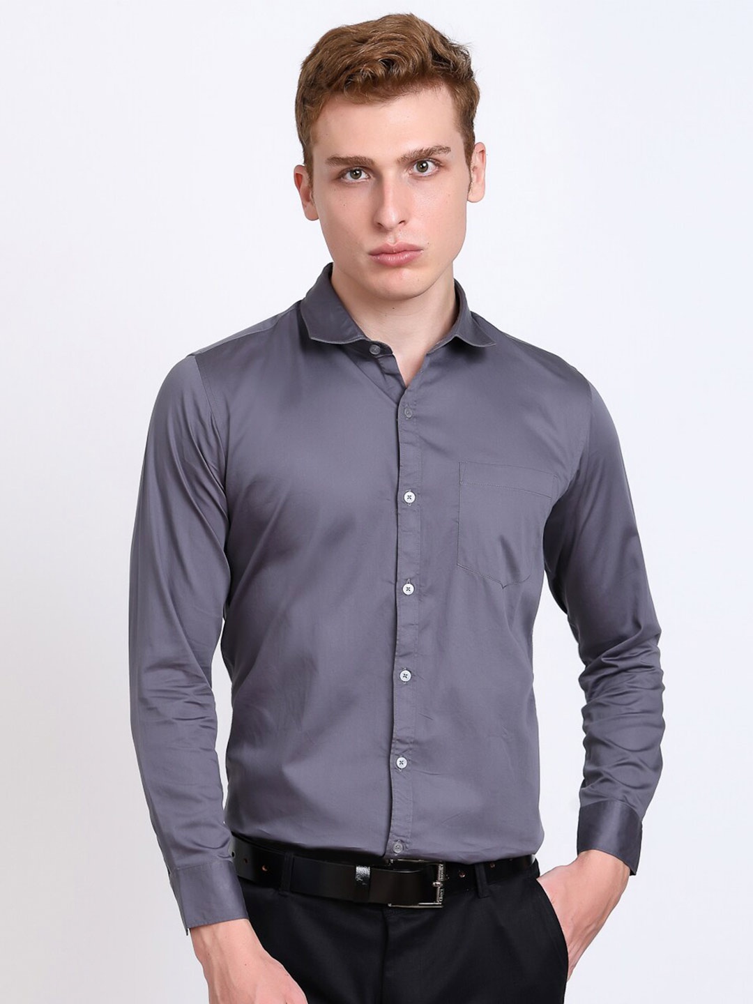 

DEZANO Premium Slim Fit Opaque Satin Formal Shirt, Grey