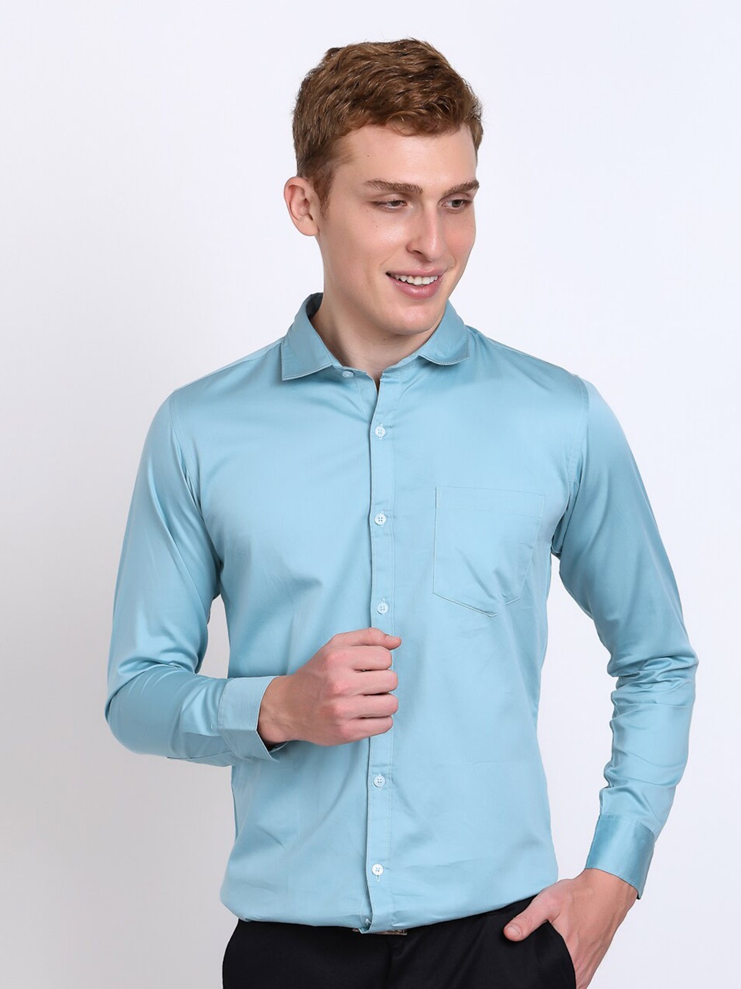 DEZANO Premium Slim Fit Opaque Satin Formal Shirt, Turquoise blue