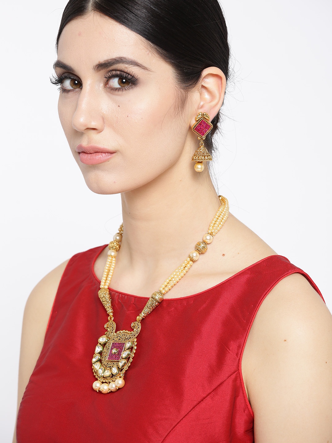 

Jewels Galaxy Gold-Toned Stone-Studded Beaded Jewellery Set