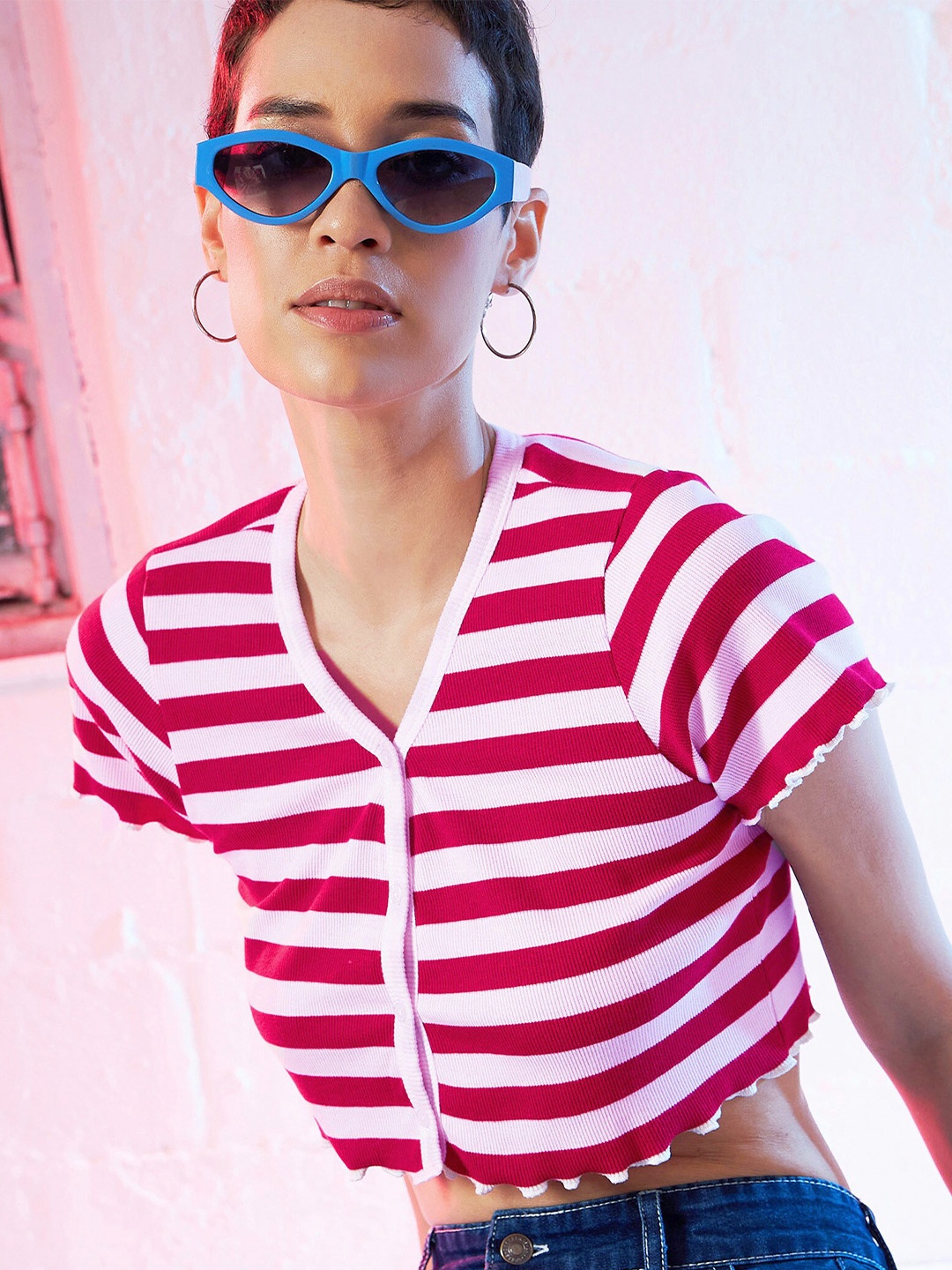

SASSAFRAS Red & White Striped Cotton V-Neck Crop Top